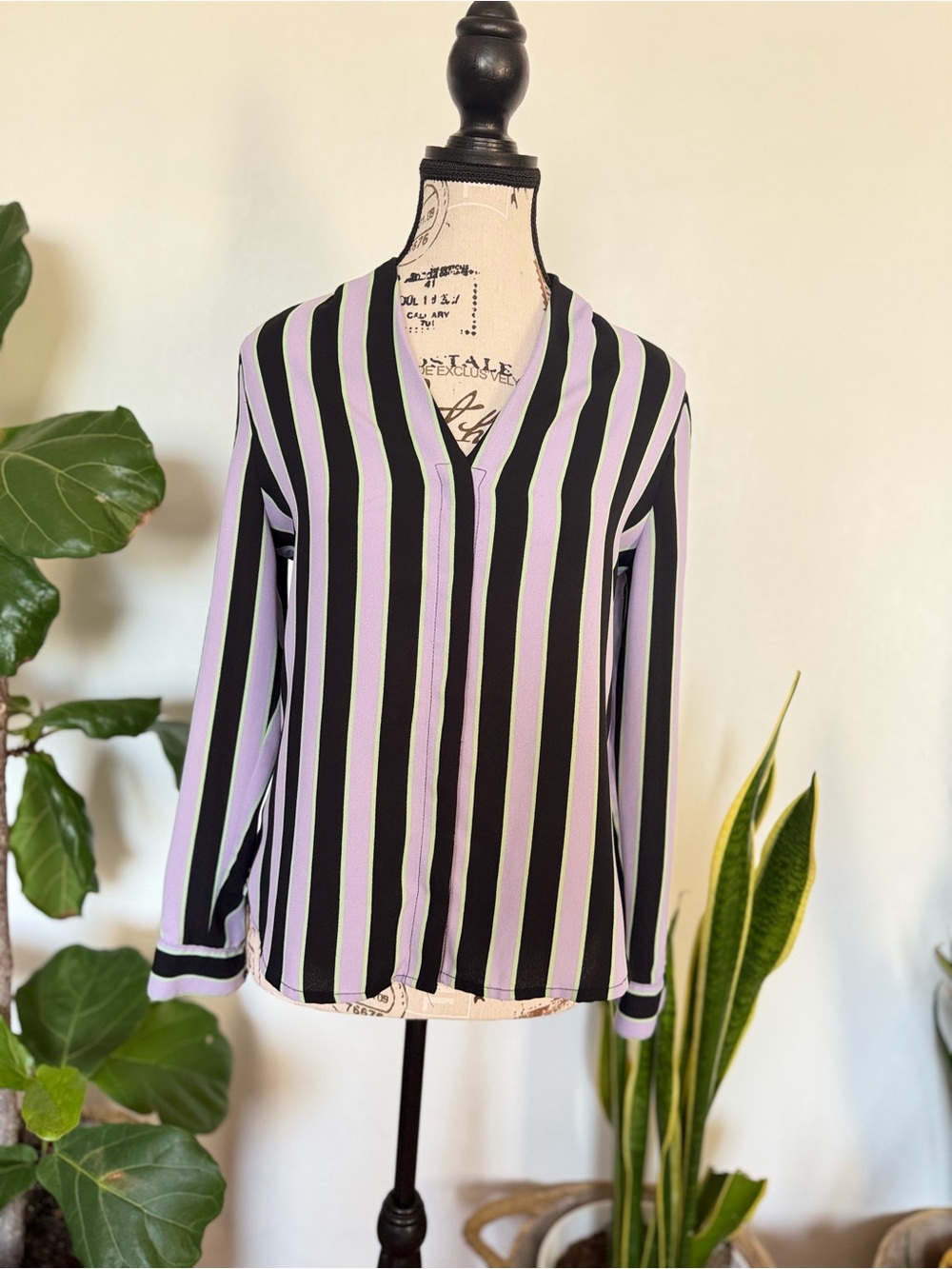 Halogen Black and Lavender Striped V-Neck Blouse